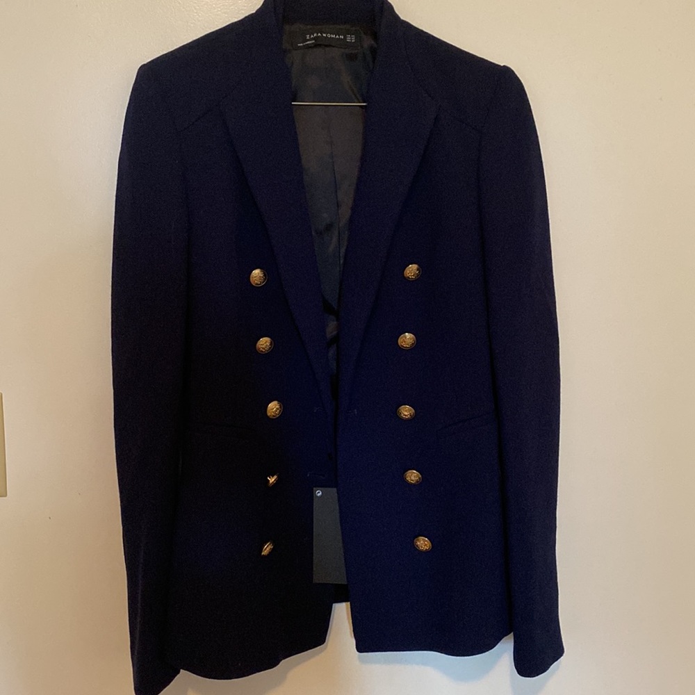 Zara Metallic Button Blazer navy blue XS